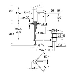 Disegno tecnico: Miscelatore lavabo Grohe Essence S-Size, cromo, con dimensioni.