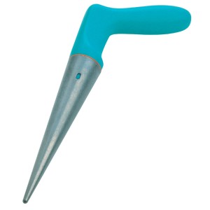 Gardena piantatore per piantare piantine, utensile manuale da giardino con manico blu e punta in metallo.