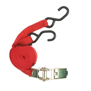 Sangle d'arrimage rouge Unitec avec cliquet et 2 crochets, longueur 5 m, pour voyage et transport.