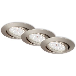 Trois spots encastrables LED Briloner en nickel mat, forme ronde.