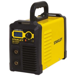 Poste à souder onduleur Stanley WD-A150/W1 jaune avec panneau de commande noir et poignée.