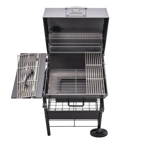 Barbecue au charbon de bois Char-Broil Charcoal M avec couvercle ouvert, grille à charbon réglable et étagère latérale.