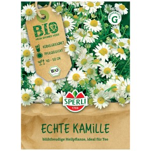 Confezione di semi di camomilla vera biologica Sperli con fiori di camomilla.