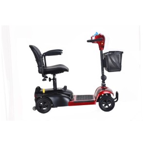 Scooter électrique Easy rouge avec panier, siège et accoudoirs réglables.