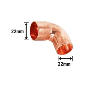Raccordo a gomito in rame per saldatura, Ø 22 mm, curva a 90 gradi per tubi in rame.