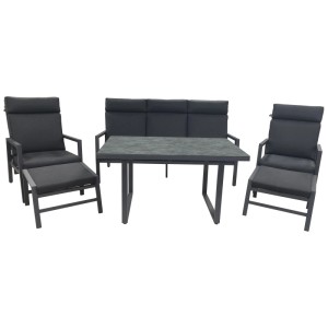 Greemotion Lounge-Set Canberra, 6-teilig, Aluminium schwarz, mit Tisch, Sesseln und Hocker.