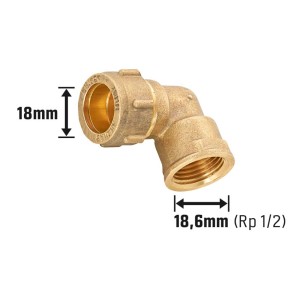 Raccordo a gomito a compressione in ottone, 18 mm x 18,6 mm (Rp 1/2), per installazione tubi in rame.