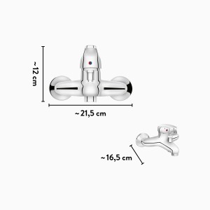 Miscelatore per vasca da bagno cromato baliv WA-5090, vista dall'alto e laterale con dimensioni.