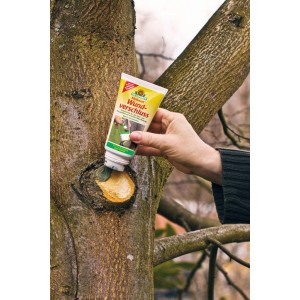 Application de Neudorff Malusan mastic cicatrisant sur une plaie d'arbre. Protège les arbres du dessèchement.
