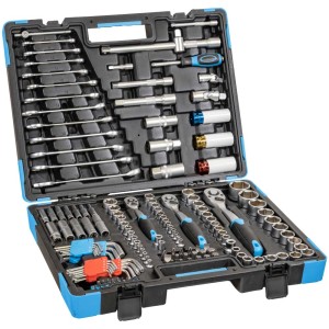 Set d'outils Güde GWZK 157, 157 pièces dans une mallette bleue, avec cliquets, douilles et embouts.