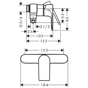 Disegno tecnico miscelatore doccia esterno Hansgrohe Rebris E, dimensioni e connessioni.