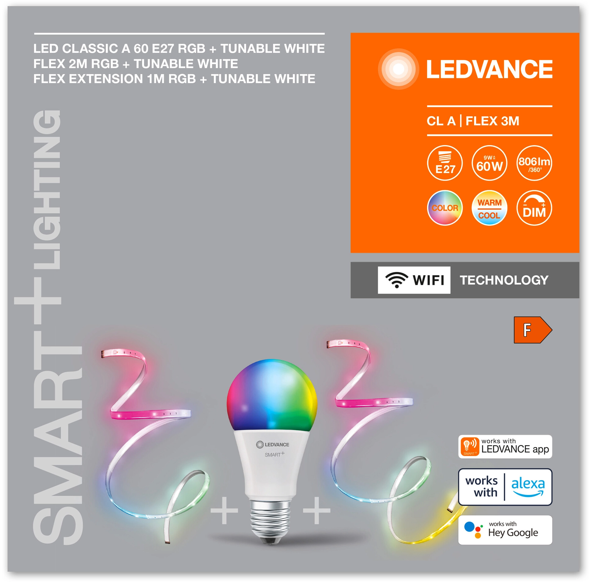 Ledvance Ampoule Smart+ WiFi Classic E27 / 9 W avec 2 x bandes lumineuses à  LED