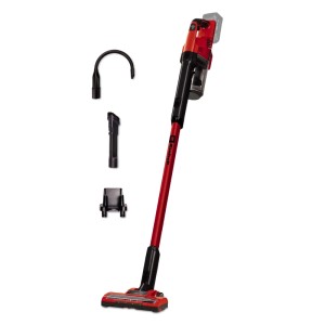 Aspirateur balai sans fil Einhell Power X-Change TE-SV 18 Li-Solo rouge avec buse noire et accessoires.