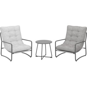 Set mobili da balcone con due poltrone e un tavolo, struttura grigia, cuscini beige.