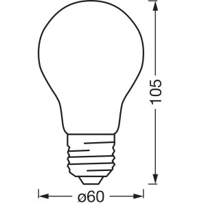 Disegno tecnico Osram Matter Lampadina LED E27, forma A53, dimmerabile, dimensioni 10,5 x 6 cm.