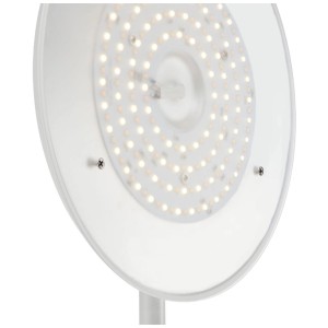 Dettaglio della lampada da terra a LED bianca Miranda con superficie LED rotonda.