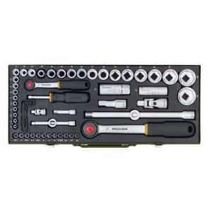 Jeu de douilles Proxxon 56 pièces (1/4 & 1/2) en coffret acier, triées.