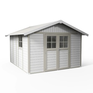 Grosfillex Kunststoff-Gartenhaus Deco H 11 in Graugrün mit Doppeltür und Fenster.
