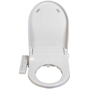 WC doccia Popodusche NB16 bianco con pannello di controllo e coperchio aperto.