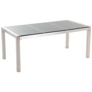 Table de jardin rectangulaire avec plateau en granit gris poli et structure en acier inoxydable brossé. Ensemble.