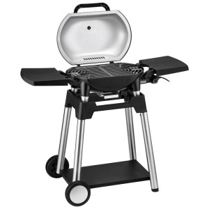 Barbecue électrique Trisa Grill Force 2200 avec couvercle, étagères et roulettes. Idéal balcon et terrasse.