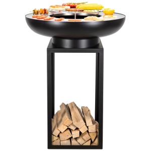 Brasero Nouvel Galeria, acier noir, avec grill et rangement pour le bois.