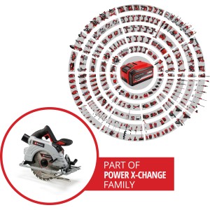 Scie circulaire sans fil Einhell Power X-Change TP-CS 18/190 Li BL Solo avec batterie Power X-Change en arrière-plan.