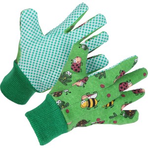 Guanti da bambino LUX verdi taglia 5 con motivo a scarabeo per giardino e officina.