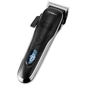 Tondeuse à cheveux Trisa Mighty Blade noire et argentée avec écran LCD.