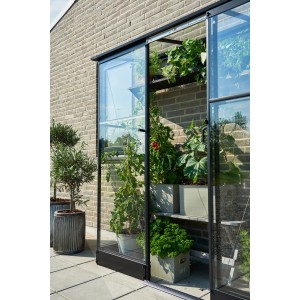Serre adossée Halls Qube Lean-to 26, cadre noir, plantée de légumes et d'herbes.