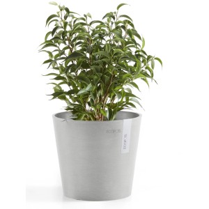 Pot de fleurs Ecopots Amsterdam Mini, blanc-gris, 17 cm, avec plante verte.