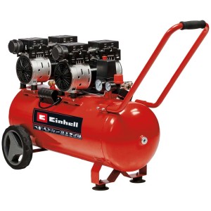 Compresseur rouge Einhell TE-AC 270/50 Silent Plus avec réservoir de 50 litres et poignée de transport.