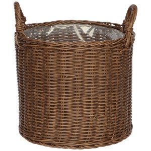 Cesto in polirattan marrone con manici, Ø 33 cm, altezza 34,5 cm. Ideale come portavaso per interni ed esterni.