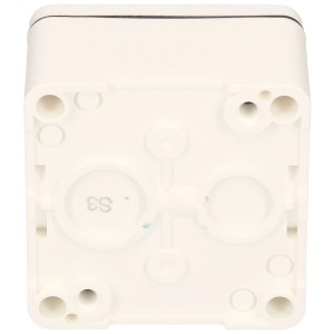 Interruttore a parete per ambienti umidi Mica Schema 3 bianco, dettaglio del retro con fori di montaggio.