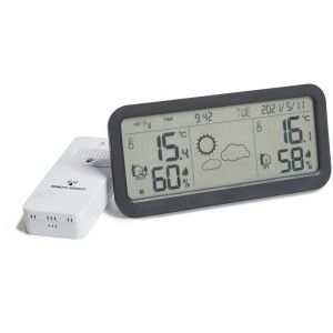 Stazione meteorologica wireless nera Möller Therm con sensore esterno che mostra temperatura, umidità e previsioni del tempo.