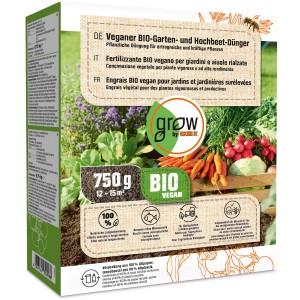 GROW by OBI Engrais Bio Vegan pour jardin et potager surélevé, paquet de 750g pour légumes et herbes.