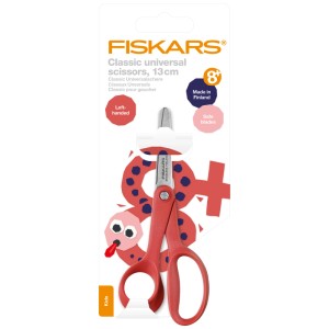 Fiskars Kinderschere Classic Linkshänder, 13 cm, rote Griffe, auf Verpackung.