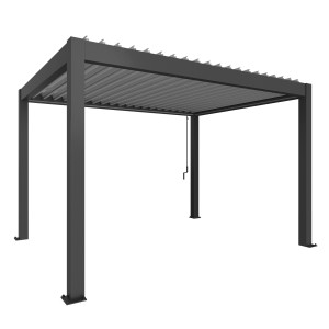 Pergola Biohort in grigio scuro/argento metallizzato, una moderna copertura per patio con lamelle.