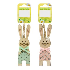 Decorazioni pasquali: due ciondoli a forma di coniglietto in legno, 10 cm, naturali con fiocco e motivi diversi.