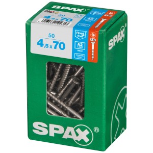 Viti Spax in acciaio inox A2, 4,5x70 mm, 50 pezzi in scatola verde. Viti per truciolare per esterni.