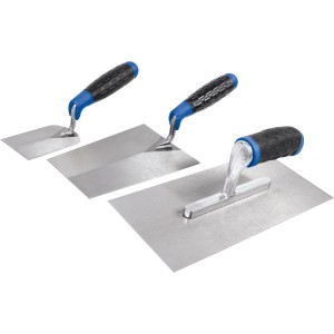 Set de truelles LUX, 3 pièces : Jeu de truelles de maçon avec lames en acier et poignées souples pour les travaux de maçonnerie, de carrelage et de pose.