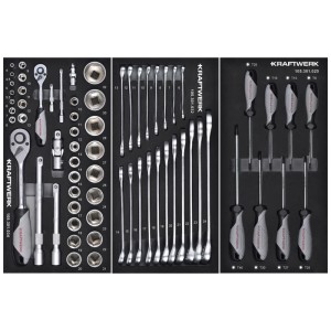 Jeu d'outils Kraftwerk pour servante d'atelier : clés, tournevis, douilles.
