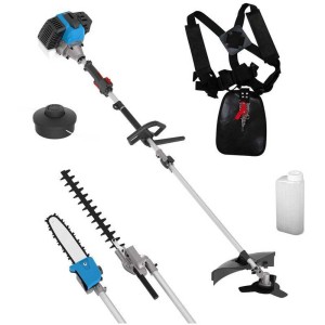 Set cura giardino 4in1 Güde con decespugliatore a benzina, tagliasiepi, potatore e accessori.