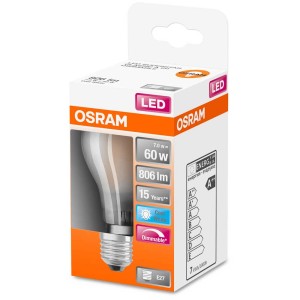 Osram LED E27 Glühbirne, Filament matt, kaltweiß, 60W, dimmbar in Produktverpackung.