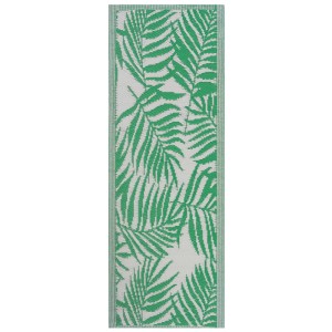 Grüner Beliani Outdoor-Teppich Kota, 60x105 cm, mit mediterranem Palmenmuster auf Hellgrau. Jacquardgewebt, zweiseitig.