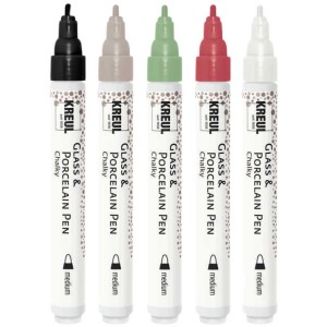 Kreul Glas- und Porzellanmalstifte Chalky, 5er-Set in Weiß, Schwarz, Rot, Grün und Beige.