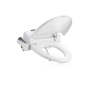 Sedile WC bidet Blooming NB-R770D bianco con coperchio aperto e pannello di controllo laterale.