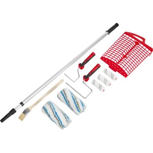 Kit de peinture 10 pièces avec manche télescopique, rouleaux, pinceau et grille d'essorage.