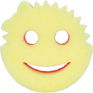Spugna abrasiva Scrub Mommy rosa a forma di smiley per cucina e casa.