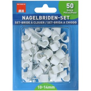 Set de brides à clouer, 50 pièces, blanc, 10-14 mm, pour fixation de câbles.